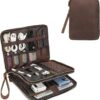 LANNSYNE Full Grain Leather Travel Cable Accessories Bag, Electronic Organizer Carry Case Double Layer Storage Case for Charger, Phone, Power Bank, Cables