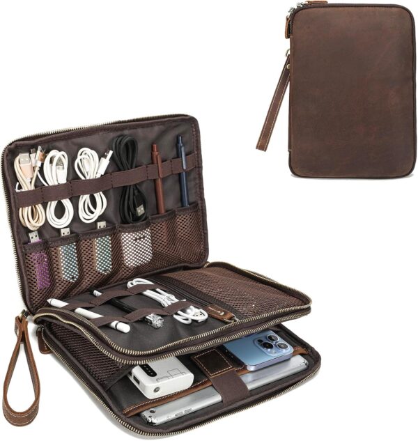 LANNSYNE Full Grain Leather Travel Cable Accessories Bag, Electronic Organizer Carry Case Double Layer Storage Case for Charger, Phone, Power Bank, Cables