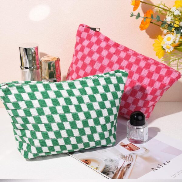 2 Pieces Makeup Bag Large Checkered Cosmetic Bag Capacity Canvas Travel Toiletry Bag Organizer Cute Makeup Brushes Aesthetic Accessories Storage Bag for Women, Checkered L Green Rose red - Image 6