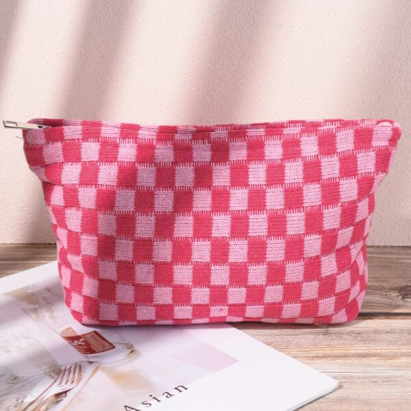 2 Pieces Makeup Bag Large Checkered Cosmetic Bag Capacity Canvas Travel Toiletry Bag Organizer Cute Makeup Brushes Aesthetic Accessories Storage Bag for Women, Checkered L Green Rose red - Image 5