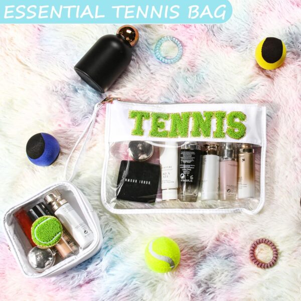 2 Pcs Tennis Gifts Cosmetic Makeup Bag with Chenille Letter Patch, Clear Pouch PVC Organizer Purse, Waterproof Travel Bag, Portable Toiletry Storage Bag for Her Girls Friends Women - Image 4