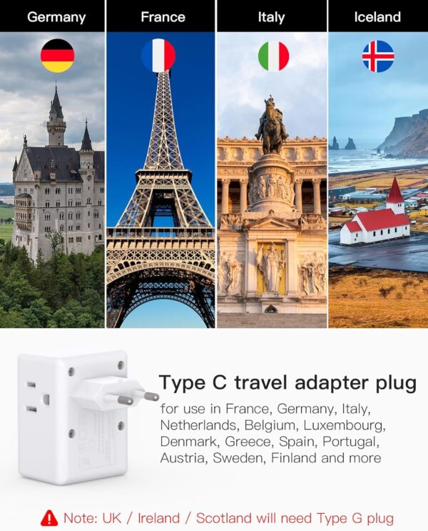 2 Pack European Travel Plug Adapter, International Power Plug Adapter with 3 Outlets 3 USB Charging Ports(2 USB C), Type C Plug Adapter Travel Essentials to Most Europe EU Spain Italy France Germany - Image 3
