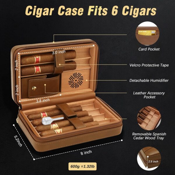 TISFA Cigar Humidor, Leather Cedar Wood Cigar Case with Cigar Lighter, V Cut Cigar Cutter, Cigar Holder 3 in 1, Portable Travel Cigar Humidor Box with Humidifier (Brown) - Image 2