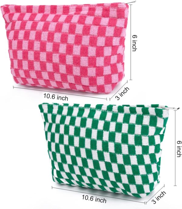 2 Pieces Makeup Bag Large Checkered Cosmetic Bag Capacity Canvas Travel Toiletry Bag Organizer Cute Makeup Brushes Aesthetic Accessories Storage Bag for Women, Checkered L Green Rose red - Image 3
