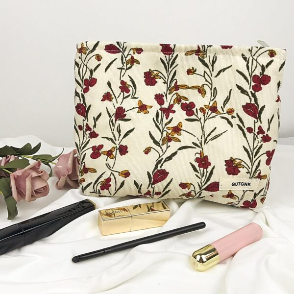 Corduroy Ladies Cosmetic Bag, Large Capacity Canvas Cosmetic Bag Travel Toiletry Bag Accessories Organizer, Morning Glory - Image 2