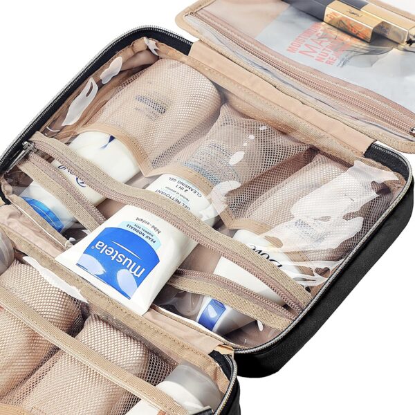 NISHEL Travel Toiletry Bag for women, Portable Hanging Organizer for Full-Sized Shampoo, Conditioner, Brushes Set, Travel-Size Accessories, Medium Size, Black - Image 5