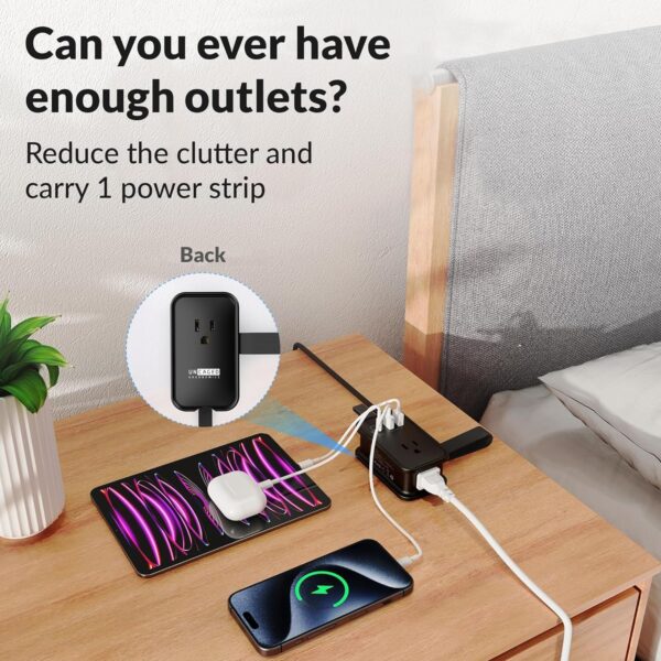 Portable Travel Power Strip with USB Ports, 3ft Travel Extension Cord with Multiple Outlets, 3 AC Outlets + 2 USB + 1 Fast-Charging USB-C, No Surge Travel Power Strip for Cruise Ship Home Office Black - Image 6