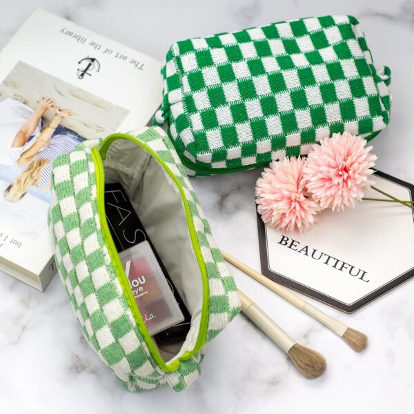 PAZIMIIK Checkered Makeup Bag for Purse Portable Zipper Make Up Pouch Small Cosmetic Case for Travel Accessories (2PCS Light Green) - Image 3